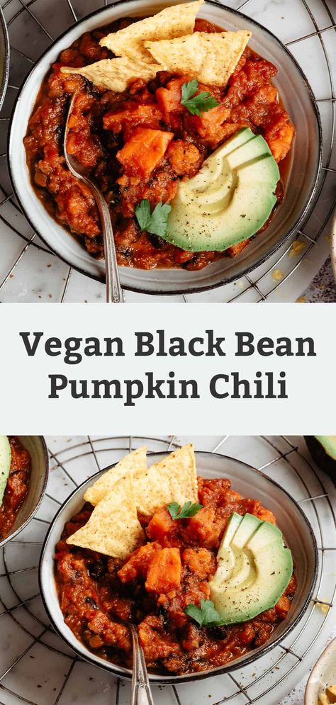 This easy Sweet Potato Black Bean Pumpkin Chili comes together with pantry staples in just 4 hours in the slow cooker. Or you can make in the Instant Pot in about 30 minutes total! Vegan, gluten free, great for leftovers and meal prep. Vegan Pumpkin Chili, Black Bean Pumpkin Chili, Sweet Potato Black Bean, Easy Sweet Potato, Pumpkin Chili, Black Bean Chili, Sweet Potato Black Beans, Complex Carbohydrates, Quick Healthy Dinner