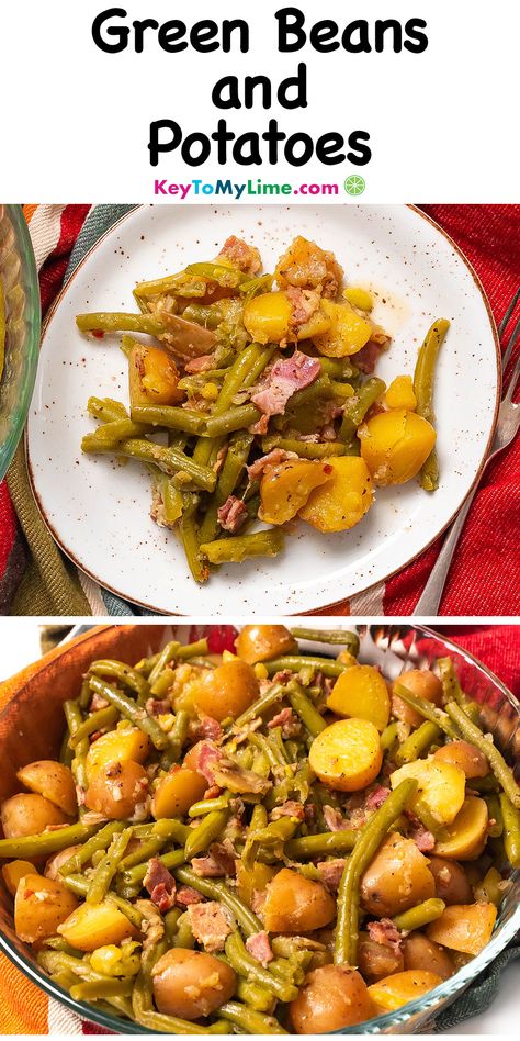 Two images of green beans and potatoes, with title text at the top. Fried Potatoes And Green Beans, Fresh Snap Beans Recipes, Snap Beans And Potatoes, Fresh Green Beans And Potatoes Stove Top, Potatoes And Green Beans Stove Top, String Beans And Potatoes Recipes, Smothered Green Beans And Potatoes, Green Beans And Potatoes Stove Top, Green Bean And Potato Recipe