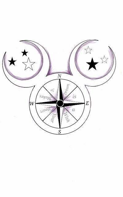 Walt Disney Mickey Mouse Compass Tattoo dusted in purple. "A dream is a wish your heart makes" quote from Cinderella. Moon and Star Ears. Disney Tattoo designed by Autumn Hilpipre 2014 Mickey Tattoo, Daith Hoop, Tattoo Disney, Small Ears, Mouse Tattoos, Diy Fishing, Gold Schmuck, Clip Art Library, Harry Potter Tattoos