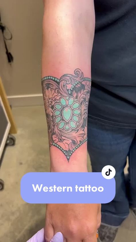 Native Western Tattoo, Western Tattoos With Turquoise, Western Cuff Tattoo, Spade Bit Tattoo, Women Western Sleeve Tattoo, Cattle Tag Tattoo, Western Traditional Tattoo Sleeve, Western Woman Tattoo, Western Leather Tattoo