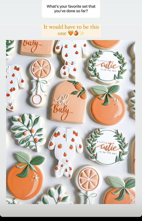 Lemon Themed Bridal Shower, Cookie Recipes Decorating, Peach Cookies, Citrus Baby, Orange Baby Shower, Orange Cookies, Baby Shower Crafts, Sprinkle Baby Shower, Spring Baby Shower