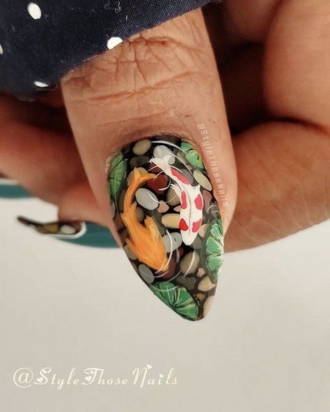 Cottagecore Nails Acrylic, Fish Nails Designs, Shroom Nails, Nature Inspired Nails, Forest Nail Art, Insect Nails, Plant Nails, Forest Nails, Cottagecore Nails