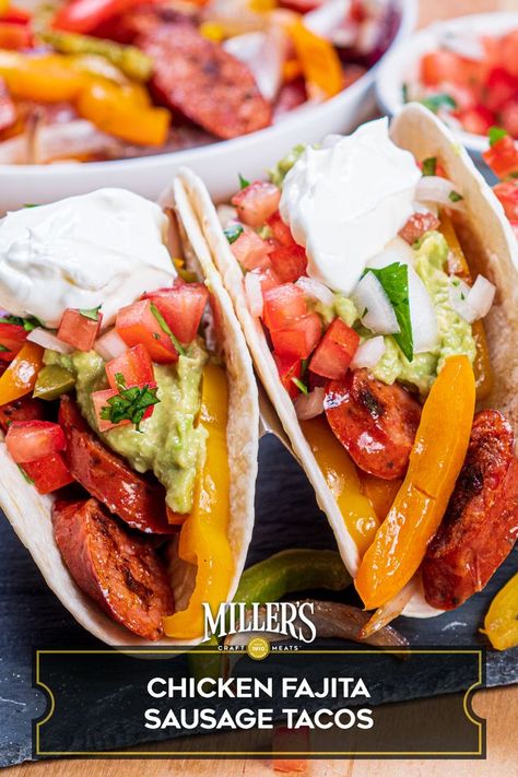 Our Chicken Fajita Sausage Tacos are easy, delicious, and ready in less than 15 minutes. Chicken Sausage Tacos, Spanish Chicken Recipes, Sausage Tacos, Spanish Chicken, Chicken Fajita, Hot Dog Recipes, Chicken Sausage, Chicken Fajitas, Taco Tuesday