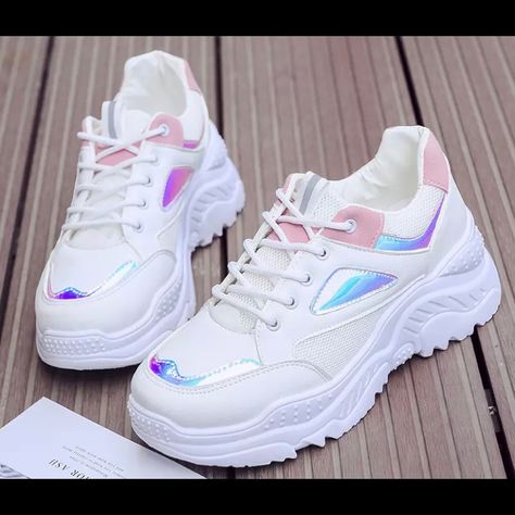 Sepatu Platform, Korean Shoes, White Platform Sneakers, Pretty Shoes Sneakers, Mesh Heels, White Sneakers Women, Girly Shoes, Sneakers Mode, Pink Sneakers