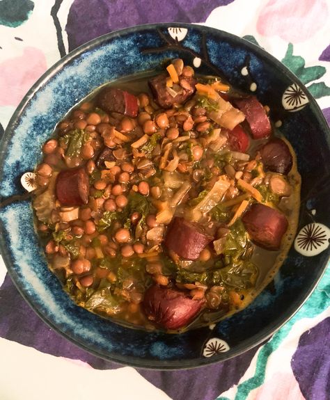 Lentil & Kielbasa Soup Kielbasa Soup, Flavorful Vegetables, Brown Lentils, Lentil Recipes, Kielbasa, Slow Cooker Soup, Shredded Carrot, Lentil Soup, Homemade Soup