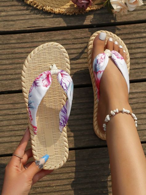 Multicolor Vacation Collar   Colorblock Flip Flops Embellished   Women Shoes Flip Flops Womens Summer, Khaki Slippers, Thigh High Denim Boots, Sandals Outfit Casual, Fabric Flip Flops, Linen Flower, Fancy Sandals, Pattern Flip Flops, Printed Flip Flops