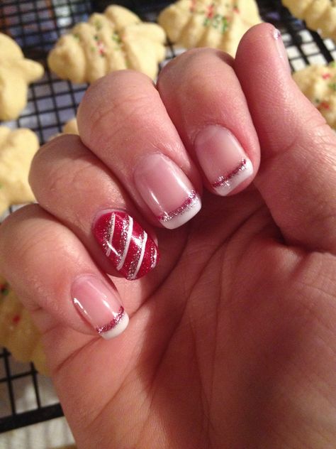 Candy Cane French Tip Nails, Red And White French Tip Nails, Red Accent Nail, Christmas Nails White, Nails White French, Nail Work, Candy Cane Nails, Christmas Gel, Red White Christmas