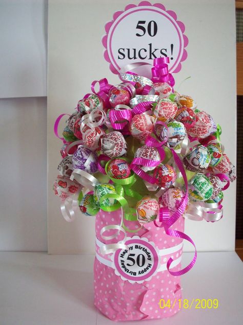 My take on the ever popular "sucks" bouquet! It was a hit and a lot of fun to make! Sucker Bouquet, Birthday Bouquet, Candy Crafts, Candy Bouquet, 50th Birthday Party, Milestone Birthdays, Birthday Gift Ideas, Birthday Fun, Gag Gifts