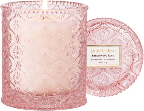 LA JOLIE MUSE Scented Candle, Sandalwood Rose Candle, Candles Gifts for Women, Natural Soy Candle, 8 oz 50 Hours Burn, Candles for Home Scented Rose Scented Candle, Rose Blossom, Vanilla Scented Candles, Sandalwood Scent, Natural Soy Wax Candles, Lavender Candle, Rose Candle, Glass Jar Candles, Decorated Jars