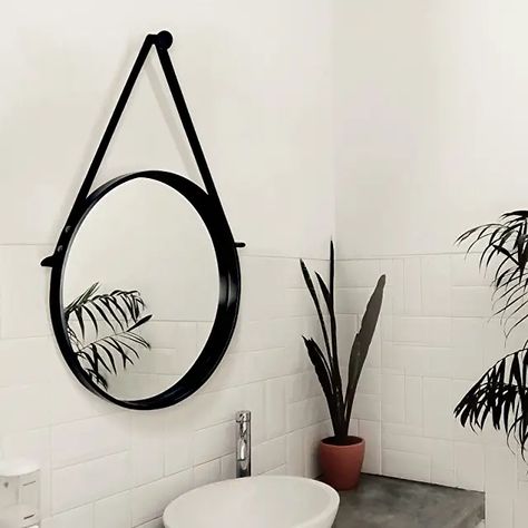 Round Mirror With Leather Strap, Leather Strap Mirror, Mirror With Leather Strap, Black Frame Mirror, Mirrors With Leather Straps, Round Hanging Mirror, Black Round Mirror, Black Mirror Frame, Bathroom Mirror Frame