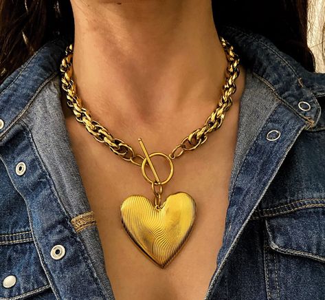 Chunky Heart Necklace, Big Heart Necklace, Puffy Heart Necklace, Heart Necklace Gold, Heart Choker, Large Heart, Gold Necklace Women, Puffy Heart, Adjustable Necklace