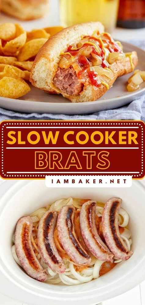 Slow Cooker Beer Brats with Marinated Onions is a fantastic recipe to add to your best crockpot recipes! Plump and juicy bratwursts, slowly cooked in a tangy beer marinade. Pin this for your crockpot cooking! Slow Cooker Brats And Onions, Bratwurst In Crockpot, Braut Recipes Bratwurst Crockpot, Crockpot Bratwurst Recipes, Crockpot Brats Slow Cooker, Crock Pot Brats, Bratwurst Recipes Crockpot, Marinated Onions Recipe, Slow Cooker Brats