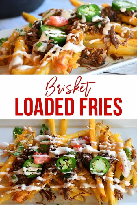 Brisket Loaded Fries | Loaded Fries | Potato Recipes | #4thofJuly #brisketloadedfries #potatoes #brisket Brisket Fries, Mandolin Recipes, Leftover Brisket Recipes, Loaded Fries Recipe, Dirty Fries, French Fries Recipe, Loaded Fries, Brisket Recipes, Fries Recipe