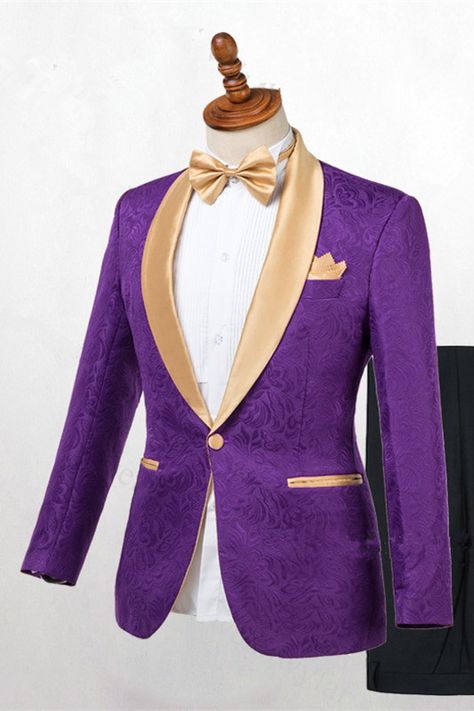 Allaboutsuit is your ultimate source for Antonio Purple One Button Gold Lapel Wedding Men Suit Online. Our Purple Shawl Lapel wedding groomsmen suits come in modern styles & colors with high quality and free shipping. Wedding Groomsmen Suits, Lapel Wedding, Groomsmen Tuxedos, Purple Shawl, Groom Tuxedo, Stylish Suit, Wedding Groomsmen, Prom Suits, Groomsmen Suits