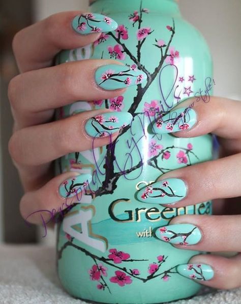 Arizona nails Green Tea Nails, Yukata Outfit, Spring Nail Art Ideas, Cherry Blossom Nails Art, Blossom Nails, Adorable Nails, Cherry Blossom Nails, Natural Girl, Unghie Nail Art