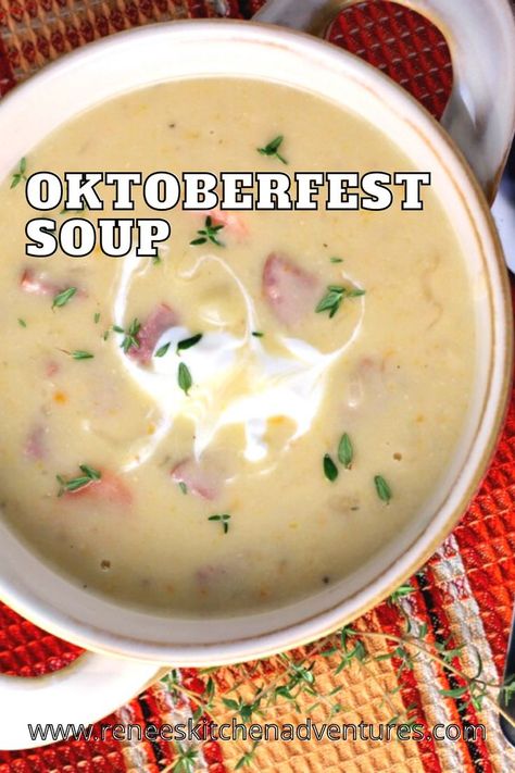 Oktoberfest Soup by Renee's Kitchen Adventures. Easy recipe for soup made with potatoes, cheddar, and kielbasa. Like a taste of oktoberfest all in one bowl! Recipe For Soup, Kielbasa Soup, Best Easy Dinner Recipes, Creamy Soup Recipes, Easy Home Recipes, Fall Fun Food, Oven Baked Recipes, Soup Recipes Slow Cooker, Healthy Homemade Recipes