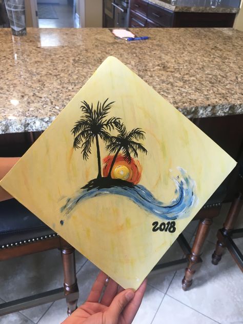 Wavy Graduation cap #LAvibes Beach Grad Cap, Beachy Graduation Cap, Beach Themed Graduation Cap, Ocean Themed Graduation Caps, Beach Graduation Cap, Ocean Grad Cap, Graduation Cap Painting, Uh Manoa, Graduation Cap Designs College