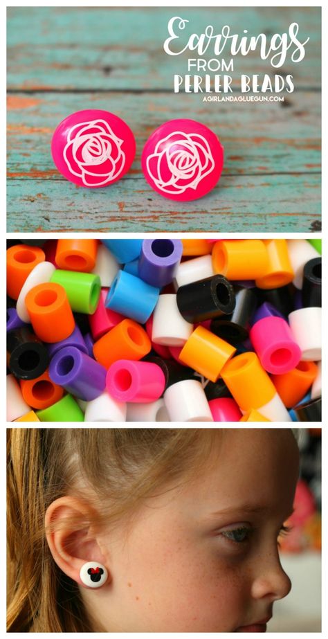 Melt perler beads into earrings! - A girl and a glue gun Hannah Ideas, Perler Bead Designs, Camp Crafts, Perler Ideas, Laser Projects, Hama Bead, Beads Designs, Diy Perler Beads, Melting Beads