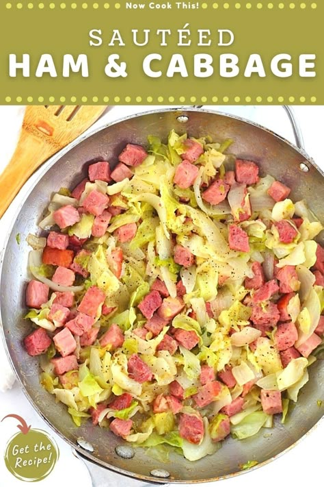 This sautéed cabbage with ham is a super simple and delicious family-friendly 30-minute meal that's made with just 6 ingredients: butter, ham, cabbage, onions, salt, and pepper. It's also a great recipe for using up leftover ham (like after a big holiday meal). Get the recipe and give it a try! Ham And Peppers Easy Recipes, Ham Cabbage Recipes, Ham And Peppers, Fried Ham And Cabbage Recipes, Ham Potato Cabbage Casserole, Fried Cabbage With Ham, Keto Ham And Cabbage Recipes, Ham Steak And Cabbage Recipes, Leftover Cabbage Ideas