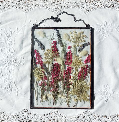 Stained glass frame, pressed flower frame, pressed plant frame, suncatcher, hanging glass decor, framed flowers, dried flower bouquet Frame Dried Flowers, Plant Frame, Framed Flowers, Stained Glass Frames, Pressed Flower Frame, Flowers Pressed, Flowers Birthday, Flowers Dried, Pressed Flower Art