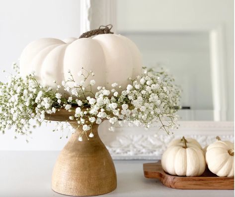 DIY Pumpkin Centrepiece White Pumpkin Centerpieces, White Pumpkin Decor, Pumpkin Wedding, Pumpkin Display, Pumpkin Topiary, Pretty Pumpkins, Fall Colours, Pumpkin Birthday, Fall Bridal Shower