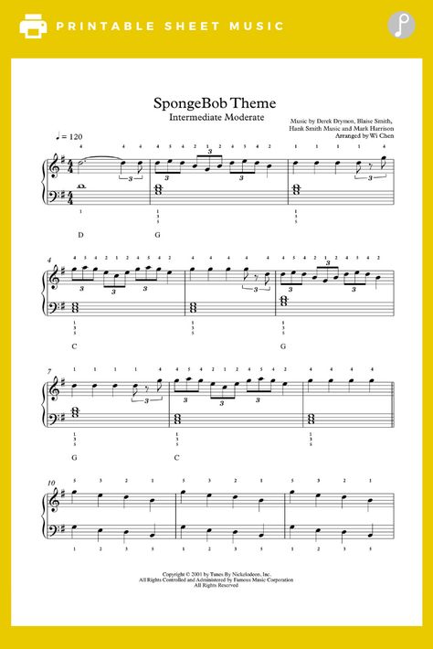 SpongeBob SquarePants Theme by Patrick Pinney Piano Sheet Music | Intermediate Level Spongebob Piano Notes, Song Notes, Violin Lessons, Song Sheet, Music Lesson, Violin Sheet Music, Violin Music, Printable Sheet Music, Easy Piano