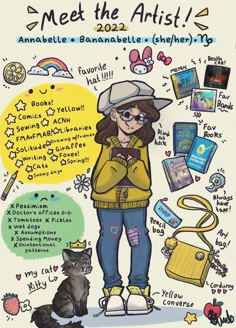 I finally did the Meet the Artist trend! It was very self indulgent but also really fun, I definitely reccomend doing one of yourself! c: Artist credit: BananabelleArt Amb Meet The Artist Drawing, Backpack Drawing, Artist Ideas, Visual Note Taking, Drawing Body Poses, Pen Art Drawings, Artist Sketchbook, Sketchbook Art Journal, Artist Drawing