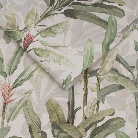 Powder Wallpaper, Floral Wallpaper Bedroom, Jungle Design, Plantain Leaves, Banana Palm, White Forest, Focal Wall, Graham Brown, Wallpaper Green