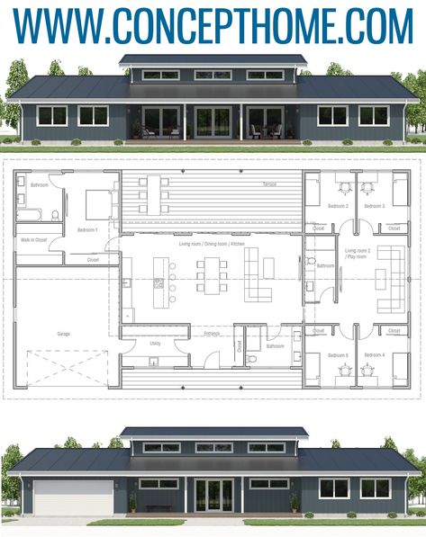 Home Plan, House Plans, Floor Plans #homeplans #houseplans #architecture #adhouseplans #floorplans Single Story 6 Bedroom House Plans, Clearstory Architecture, 6bedroom House Floor Plans, Long House Plans, Sloped Lot House Plans, Single Story Barndominium Floor Plans, 6 Bedroom Barndominium Floor Plans, House Plans Simple, 6 Bedroom House Plans