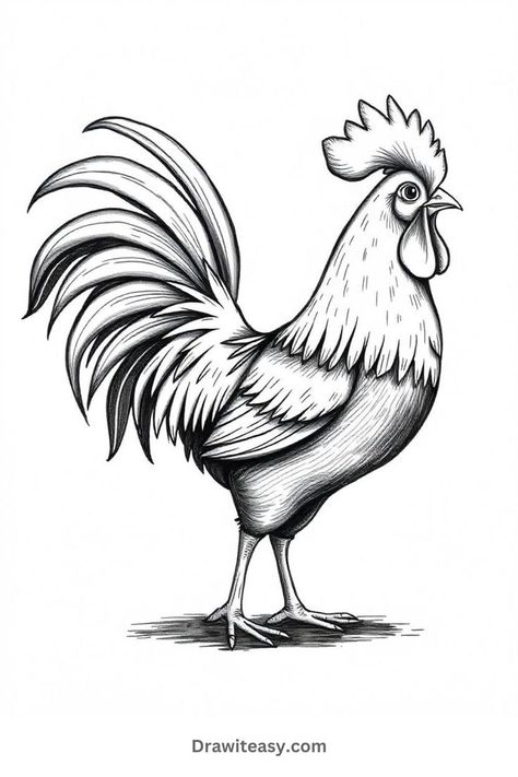 A detailed drawing of a rooster with intricate, flowing tail feathers and a proud stance. Chicken Sketch Easy, Line Art For Beginners, Simple Chicken Drawing, Chicken Character Design, Hen Sketch, Rooster Sketch, Cute Chicken Drawing, Chicken Sketch, Chicken Drawings