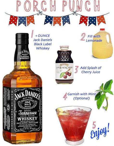 "porch punch" - bourbon, lemonade & cherry juice make for a perfect summertime cocktail. Porch Punch, Jack Daniels Lemonade, Bourbon Lemonade, Jack Daniels Drinks, Summertime Cocktail, Bourbon Drinks, Liquor Drinks, Boozy Drinks, Whiskey Drinks