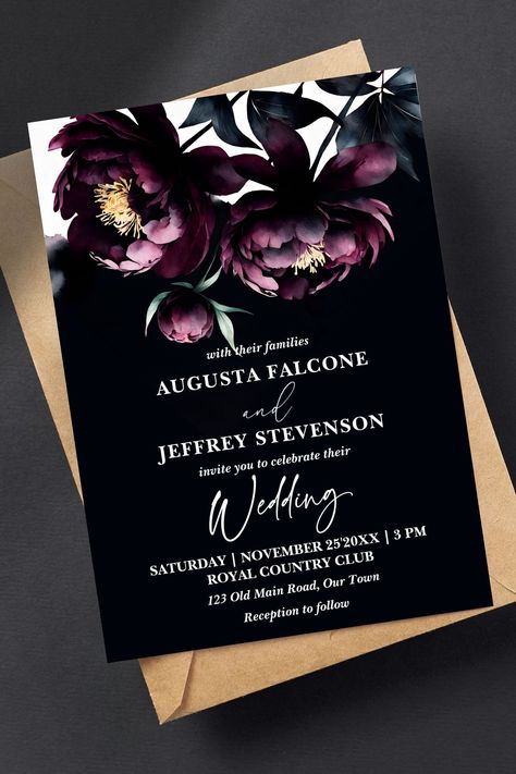 Dark moody noir peonies elegant all in one wedding editable template invitation digital download Wedding Inventions, Moody Wedding Centerpieces, Purple And Burgundy Wedding, Plum Peonies, Noir Wedding, Plum Wedding Invitations, Moody Wedding Invitations, Rsvp Qr Code, Gothic Wedding Theme