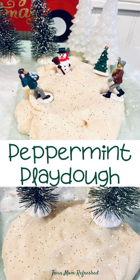 peppermint playdough Taste Safe Gingerbread Play Dough, Winter Scented Playdough, Christmas Play Dough Recipe, Holiday Food Activities For Kids, Peppermint Playdough Recipe, Preschool December Sensory Bin, Homemade Christmas Playdough, Peppermint Preschool Activities, Winter Playdough Kit