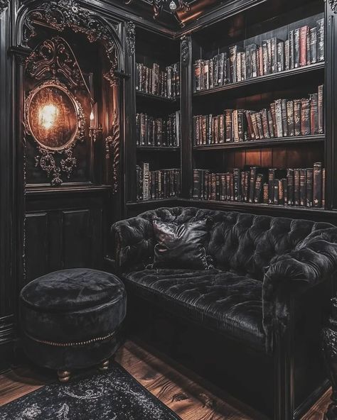 Ben Myhre (@benmyhre) • Instagram photos and videos Goth She Shed Ideas, Gothic Attic Bedroom, Dark Gothic Library, Gothic Reading Corner, Gothic Sitting Room, Creepy Library Aesthetic, Goth Aesthetic House, Dark Reading Nook, Gothic Reading Nook