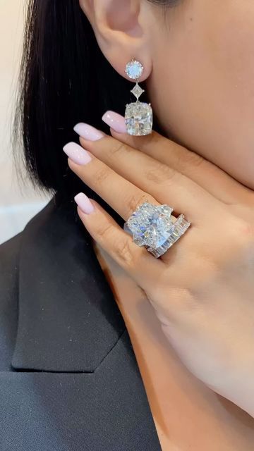 Billionaires Wife, Big Diamond Earrings, Big Diamond Rings, Big Engagement Rings, Cushion Cut Diamond Ring, Elongated Cushion, Tanzanite Diamond Ring, Stacked Earrings, Diamond Stacking Rings