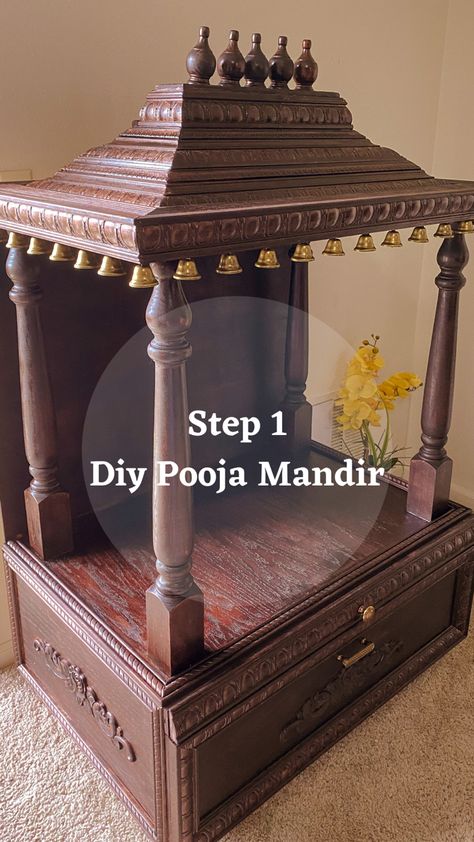 Diy Puja Mandir Home, Diy Mandir Ideas, Pooja Mandir Ideas Design, Diy Pooja Mandir, Devghar Design, Puja Design, Mandir Ideas, Wooden Temple For Home, White Walls Living Room