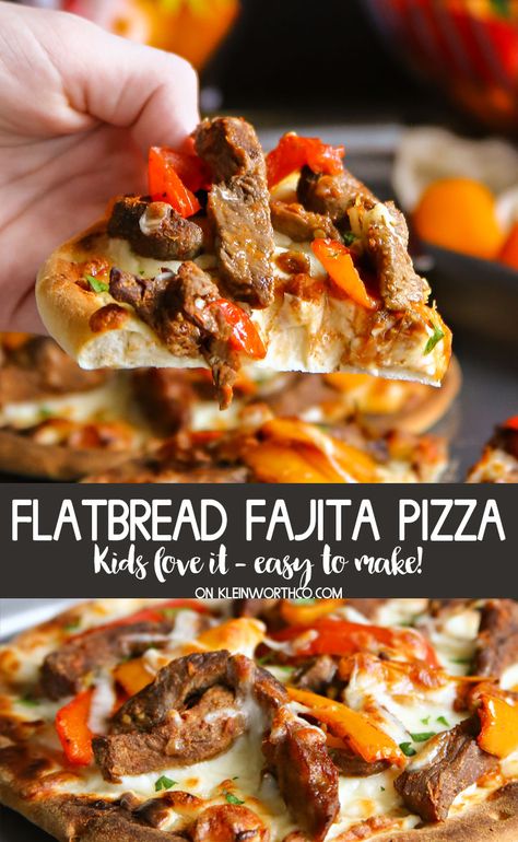 Steak Pizza Recipes, Steak Flatbread Recipes, Steak Flatbread Pizza, Fajita Pizza, Beef Fajita Recipe, Steak Pizza, Flatbread Pizza Recipes, Easy Meat Recipes, Pizza Recipes Easy