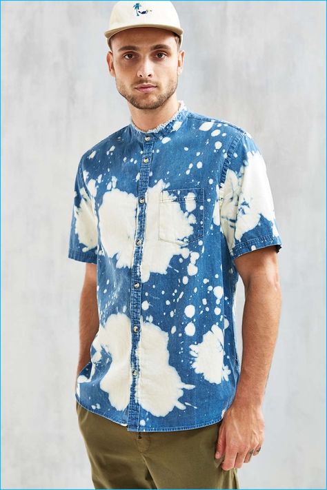 UO Bleach Splatter Denim Band-Collar Short Sleeve Shirt Bleaching Clothes, Short Sleeve Denim Shirt, Denim Tie, Banded Collar Shirts, Men's Streetwear, Streetwear Inspo, Better Half, Mens Button Up, Denim Short