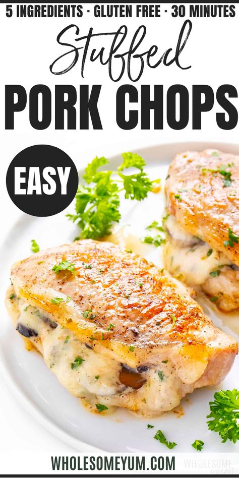 Baked Stuff Pork Chops Gluten Free Stuffed Pork Chops, Stuffed Pork Chops Baked In Oven, Stuffed Pork Chop Recipes, Pork Chops Quick, Pork Chops In The Oven, Baked Stuffed Pork Chops, Mushroom Filling, Fancy Foods, Stuffed Pork Chops