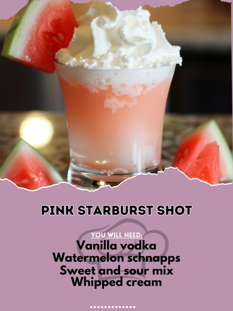 🍓 Savor the sweet taste of a Pink Starburst Shot! 🌟✨ #PinkStarburstShot #SweetTreats Pink Starburst Shot Ingredients: Vanilla vodka (1 oz) Watermelon schnapps (1/2 oz) Sweet and sour mix (1/2 oz) Whipped cream (for topping) Instructions: In a shaker, combine vanilla vodka, watermelon schnapps, and sweet and sour mix with ice. Shake well. Strain into a shot glass. Top with whipped cream before serving. 🌟 A sweet and fruity shot that’s sure to be a hit! 🍓✨ #RecipeInspire #DeliciousShots #Sw... Starburst Shots Recipe, Pink Starburst Shots, Shots With Whipped Vodka, Shots With Whipped Cream, Pink Starburst Jello Shots, Vodka Sour Recipe, Fruity Shots, Vodka Watermelon, Vodka Sour