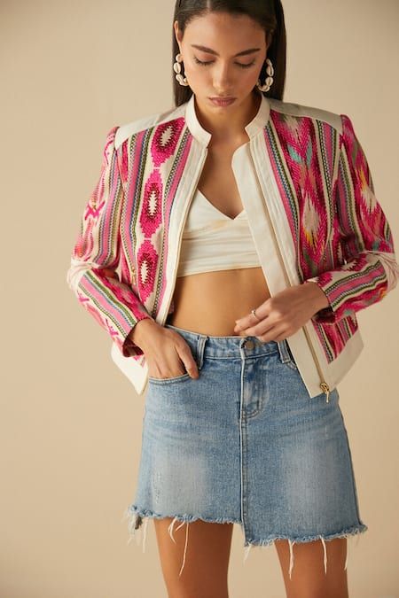 Buy Beige Blended Fabric Embroidery Abstract Mandarin Collar Bomber Jacket For Women by Betrue Online at Aza Fashions. Embroidery Abstract, Baseball Jacket Women, Handloom Fabric, Boho Jacket, Beige Jacket, Fabric Embroidery, Twill Jacket, Pattern Embroidery, Jacket For Women