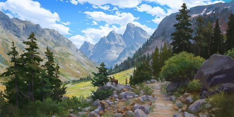 The Mountain Road, Lin Huang on ArtStation at https://www.artstation.com/artwork/RYoXkr Ormanlık Alan, Dnd Backgrounds, Scenery Background, Mountain Road, Dnd Art, Game Dev, Nature Art Painting, Art Station, Landscape Drawings