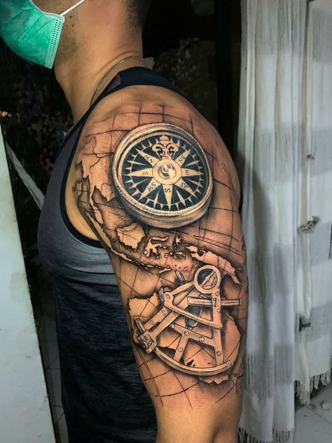 Sextant Tattoo Nautical, Sextant Tattoo, Nautical Tattoo Sleeve, Science Tattoo, Compass Art, Anchor Tattoo Design, Pirate Tattoo, On Tattoo, Map Tattoos