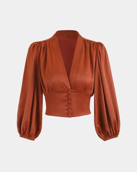 Women's Black Balloon Sleeves Satin Crop Top Blouse - Brick Red - Tops | RIHOAS Satin Bluse, Tailored Clothes, Satin Crop Top, Balloon Sleeve Top, Outfit Chic, Cotton Blouse, Crop Top Blouse, Crop Blouse, Brick Red