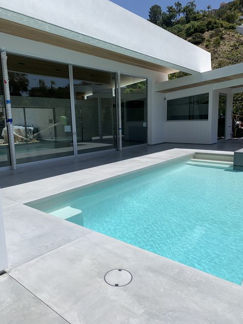 Exterior Concrete - Special White/Grey mix then stained in a light grey color White Concrete Around Pool, Pools With Grey Tiles, White Concrete Pool Deck, White Concrete Pool, Light Grey Pool, Concrete Around Pool, Pool Decking Concrete, Pool Concrete, Decks Around Pools