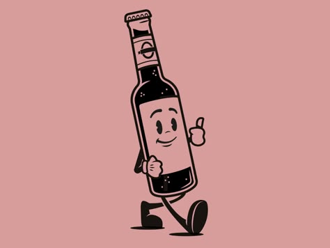 Bottle character design by Dan Bailey on Dribbble Beer Cartoon, Creative Business Logo, Beer Illustration, Japan Illustration, Retro Graphic Design, Vector Character Design, Retro Cartoons, Mascot Design, Vintage Character