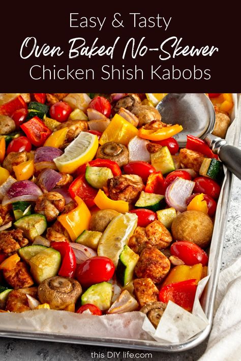 Craving flavorful chicken kabobs but don’t want to take the time to put everything on skewers or grill them? Make these baked chicken kabobs in oven without skewers! Baking your chicken kabobs with all the seasoned vegetables on a sheet pan is a healthy and easy meal. This chicken and veggies meal is nutritious and sure to be popular on your family’s dinner rotation - with only 15 minutes of prep! Healthy Kabobs Oven, Chicken Bake Sheet Pan, Chicken And Potato Sheet Pan Recipes, Grilled Sheet Pan Dinners, Chicken Kabob Sheet Pan, Sheet Pan Shish Kabobs, Sheet Pan Chicken Kabobs In The Oven, Oven Baked Kabobs, Sheet Pan Kabobs