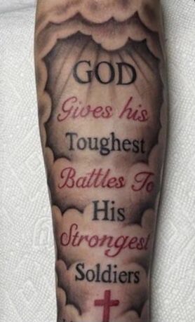 Gideon Tattoo, God Give His Toughest Battles Tattoo, Ripped Skin Tattoo, Arm Tattoos For Guys Forearm, Soldier Tattoo, Skin Tattoo, Arm Tats, God Tattoos, Half Sleeve Tattoos For Guys