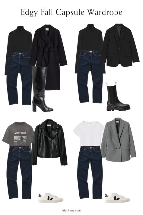 Rocker Capsule Wardrobe, Edgy Chic Outfits, Fall Capsule Wardrobe 2022, Edgy Chic Style, Edgy Capsule Wardrobe, Classic Edgy Style, Fall Capsule Wardrobe 2023, Edgy Classic Style, Black Capsule Wardrobe