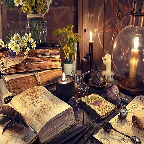 The desk of a witch or alchemist. Mystic Backgrounds, Black Magic Spells, Magic Spell Book, Witch Books, Magnum Opus, The Emotions, Fortune Telling, Witch Aesthetic, Practical Magic